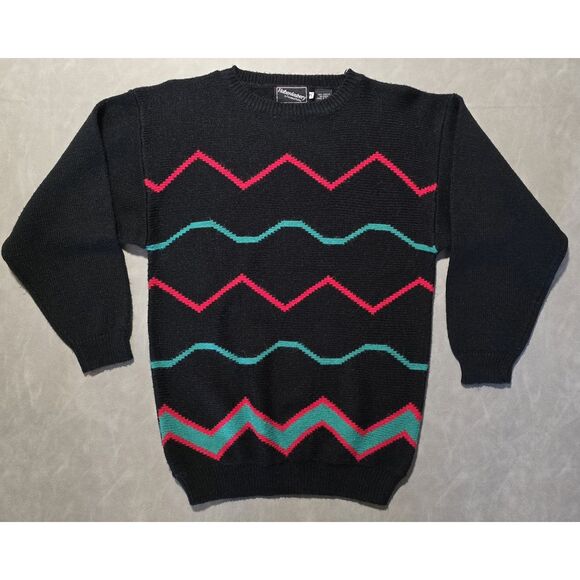 Vintage 90s Haberdashery Women PL Sweater Geometric Stripe‎ Black Red Crew Neck - Picture 1 of 5